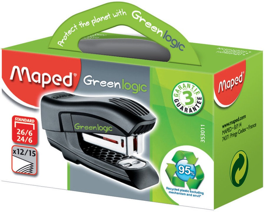 Степлер 12/15 листов MAPED GREENLOGIC мини 24/6 и 26/6, черный, короб с подвесом
