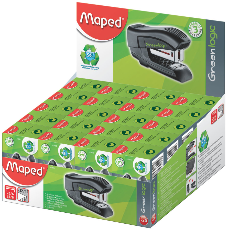 Степлер 12/15 листов MAPED GREENLOGIC мини 24/6 и 26/6, черный, короб с подвесом