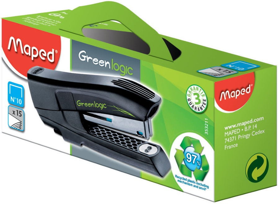 Степлер 15 листов MAPED GREENLOGIC Pocket 10, черный, короб с подвесом