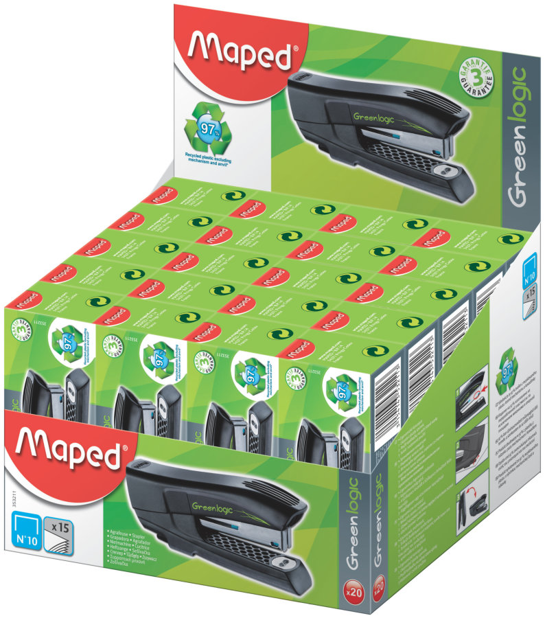 Степлер 15 листов MAPED GREENLOGIC Pocket 10, черный, короб с подвесом
