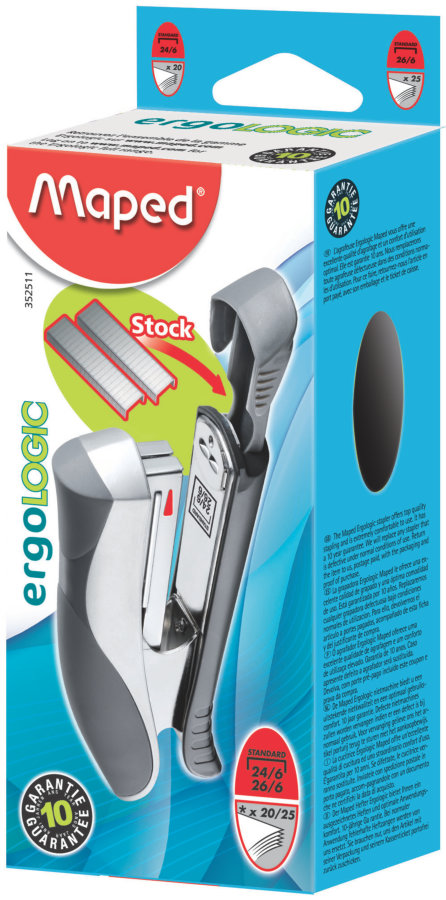 Степлер 20/25 листов MAPED ERGOLOGIC HALF STRIP 24/6 и 26/6, черный, короб с подвесом