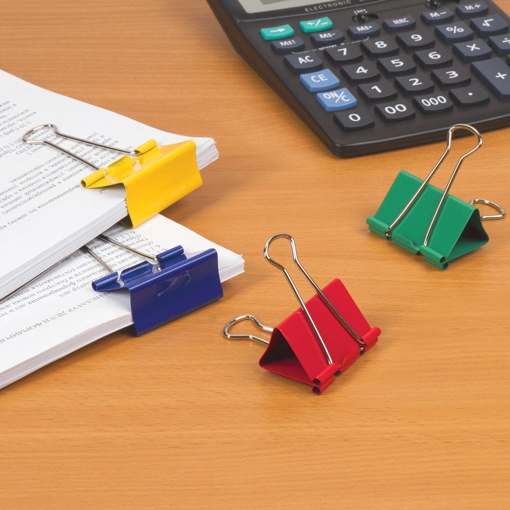 Зажимы для бумаг BRAUBERG, КОМПЛЕКТ 12 шт., 51 мм, на 230 листов, цветные, в пластиковом цилиндре