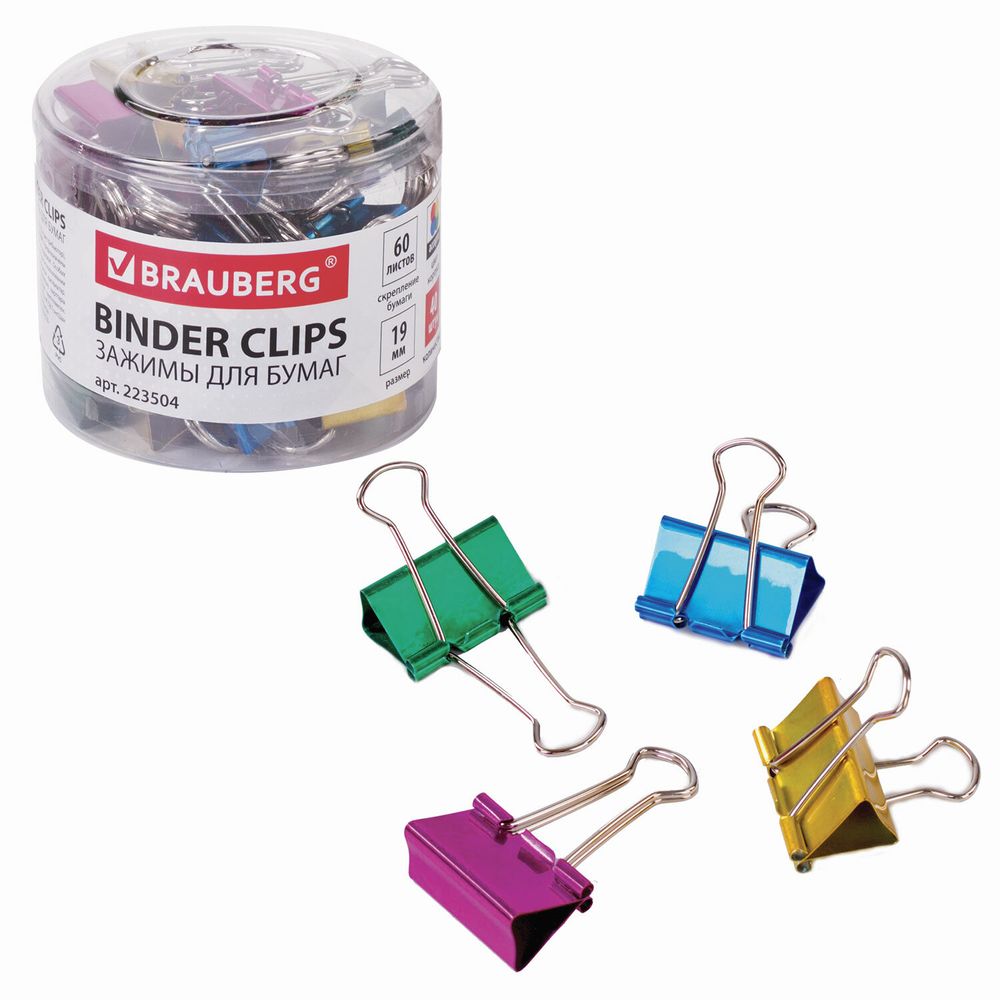 Зажимы для бумаг BRAUBERG, КОМПЛЕКТ 40 шт., 19 мм, на 60 листов, цвет металлик, пластиковый цилиндр