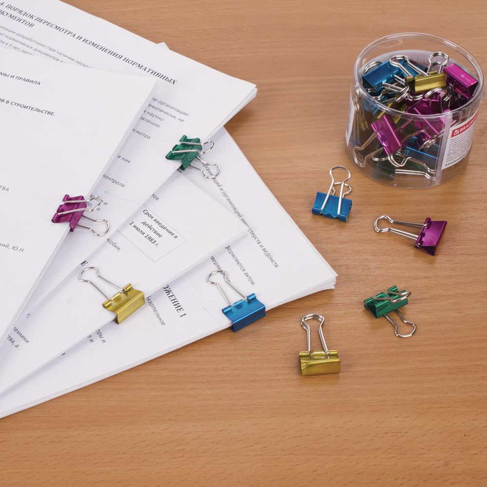 Зажимы для бумаг BRAUBERG, КОМПЛЕКТ 40 шт., 19 мм, на 60 листов, цвет металлик, пластиковый цилиндр