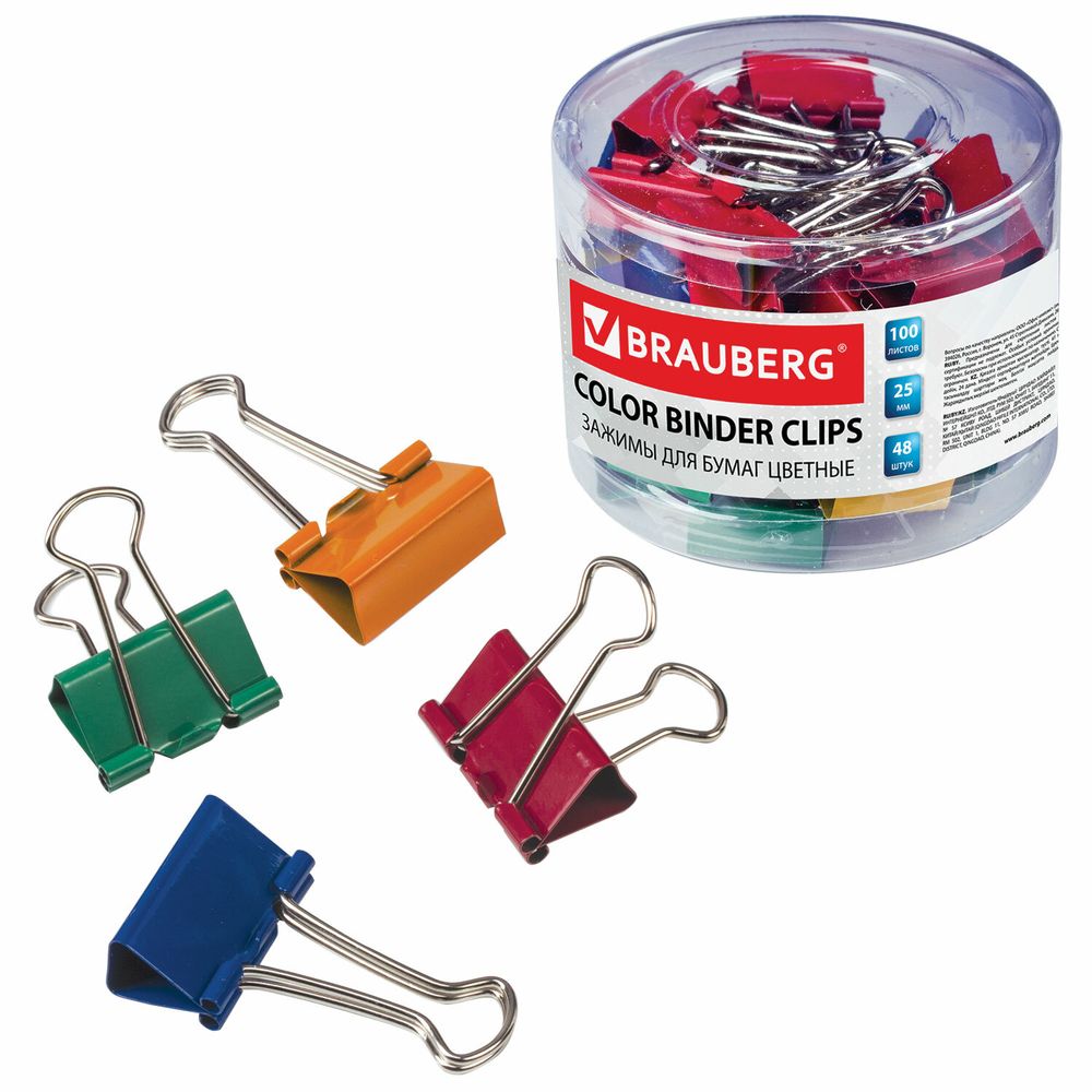 Зажимы для бумаг BRAUBERG, КОМПЛЕКТ 48 шт., 25 мм, на 100 листов, цветные, в пластиковом цилиндре