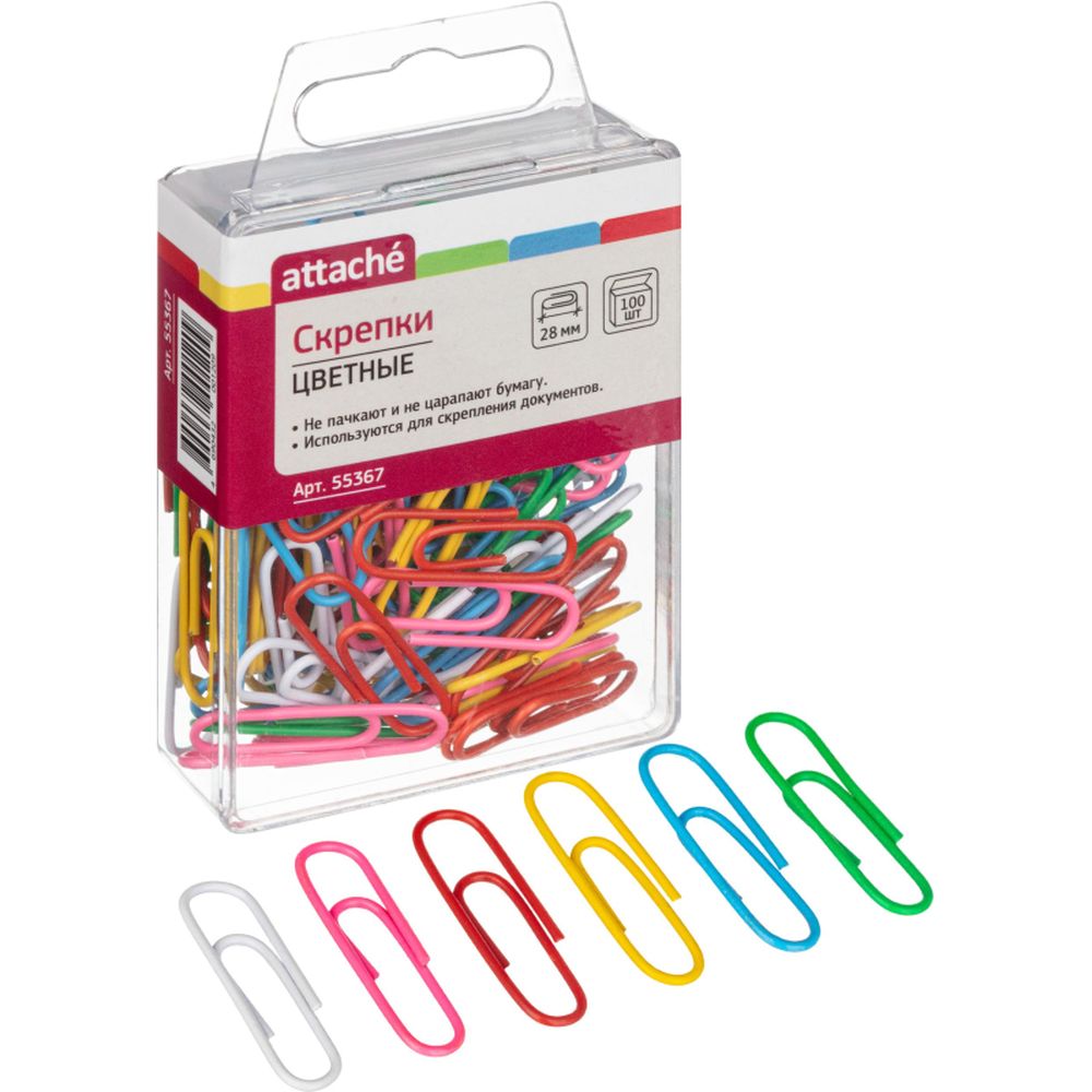 Скрепки 28 мм ATTACHE, цветные, 100шт/уп, короб с подвесом