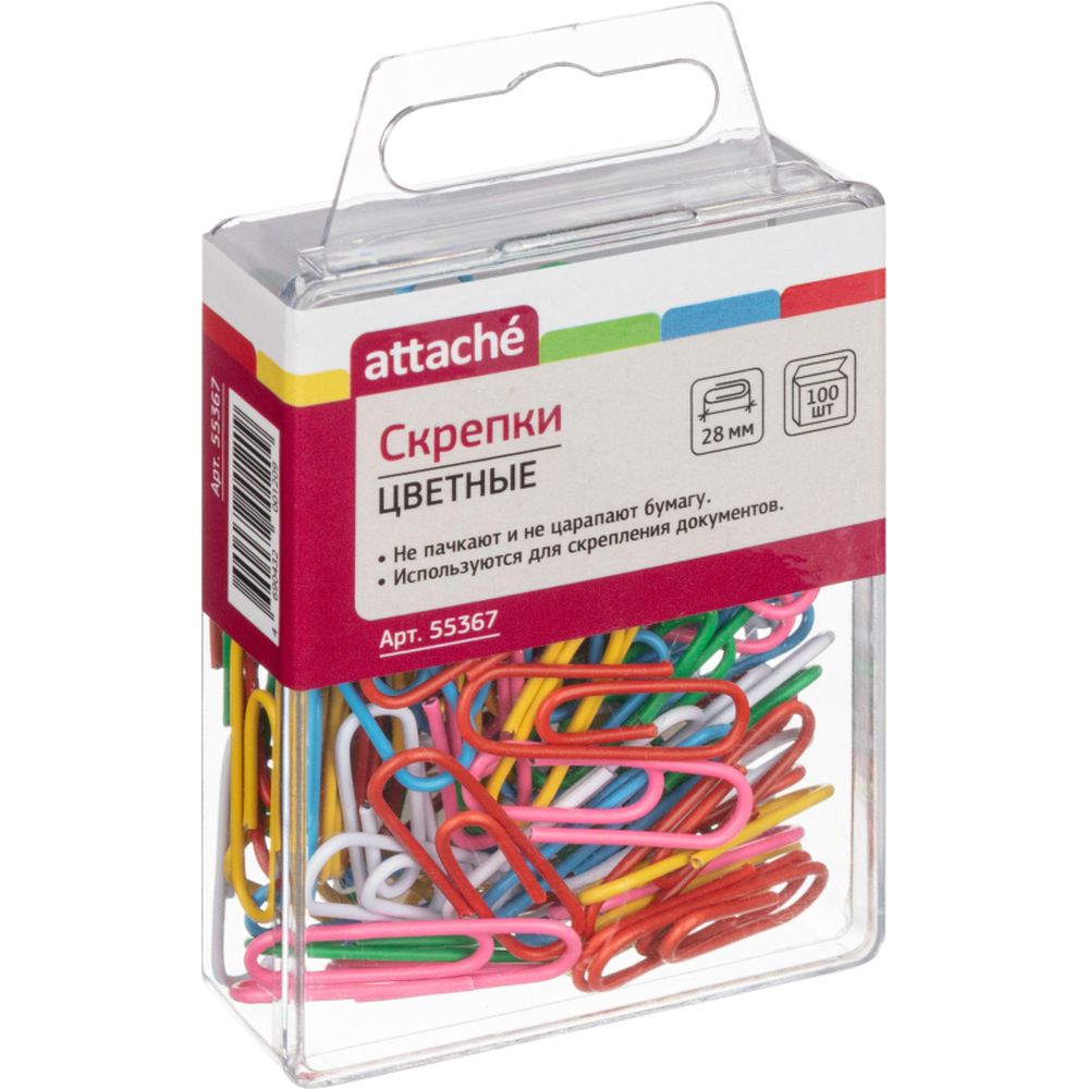 Скрепки 28 мм ATTACHE, цветные, 100шт/уп, короб с подвесом