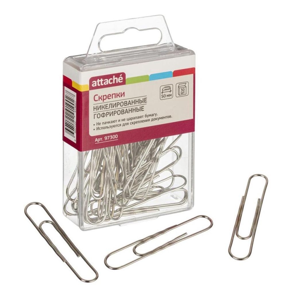 Скрепки 50 мм ATTACHE Г50-30Н никель, гофрированные, 30шт/уп с подвесом
