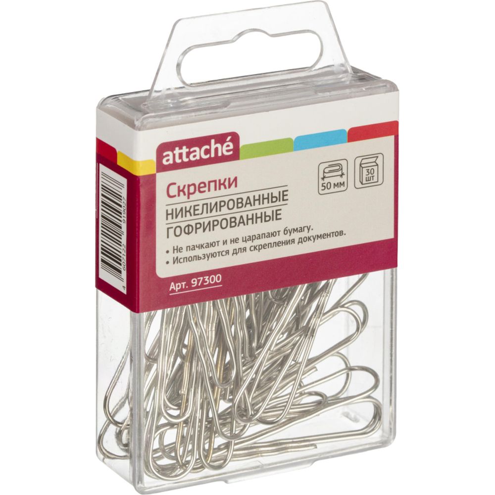 Скрепки 50 мм ATTACHE Г50-30Н никель, гофрированные, 30шт/уп с подвесом