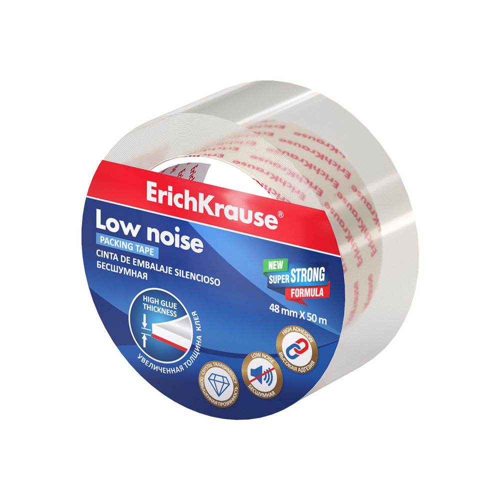 Клейкая лента упаковочная ErichKrause Low noise, повышенной прозрачности, бесшумная, 48mmх50m (в пленке по 1шт.)
