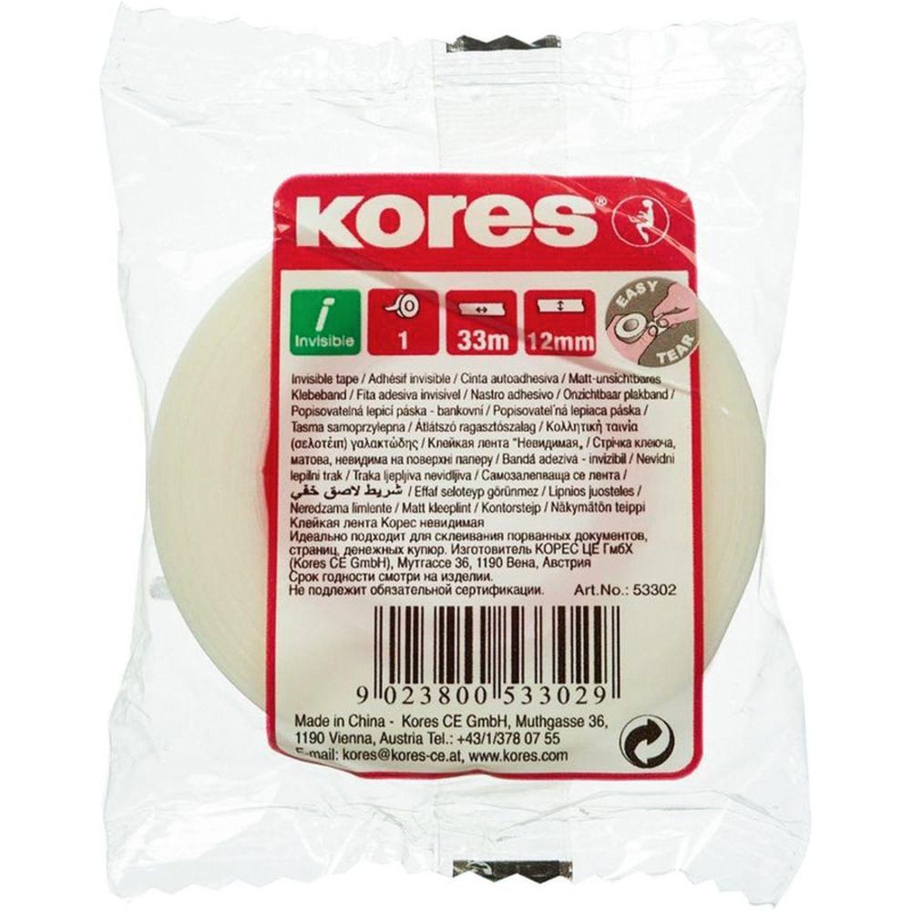 Лента клейкая Kores, 12 мм*33 м, невидимая