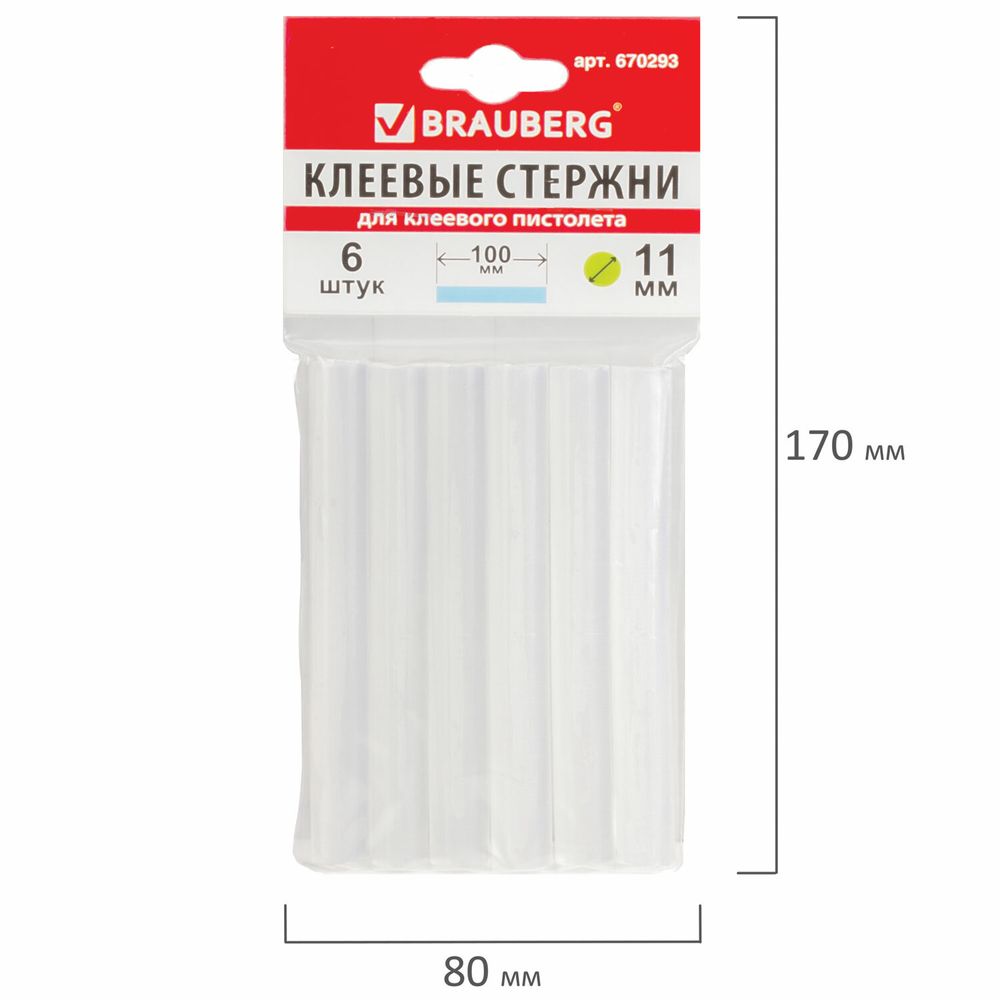 Клеевые стержни, диаметр 11 мм, длина 100 мм, прозрачные, комплект 6 шт., BRAUBERG, европодвес
