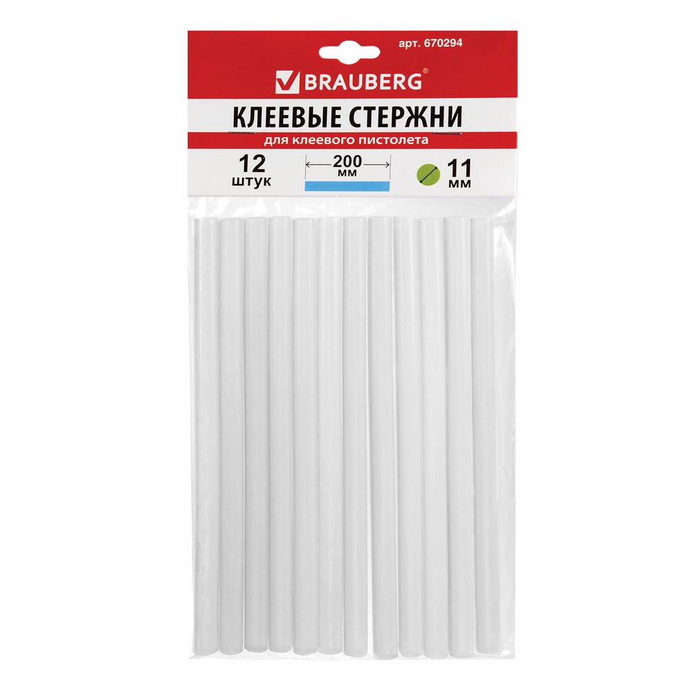 Клеевые стержни, диаметр 11 мм, длина 200 мм, прозрачные, комплект 12 шт., BRAUBERG, европодвес