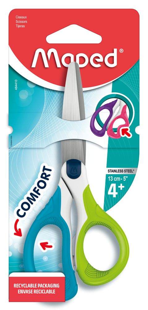 Ножницы SENSOFT 13 см, с прорезиненными ручками, aсимметричные, цв. ассорти, в блистере