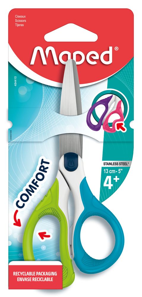 Ножницы SENSOFT 13 см, с прорезиненными ручками, aсимметричные, цв. ассорти, в блистере