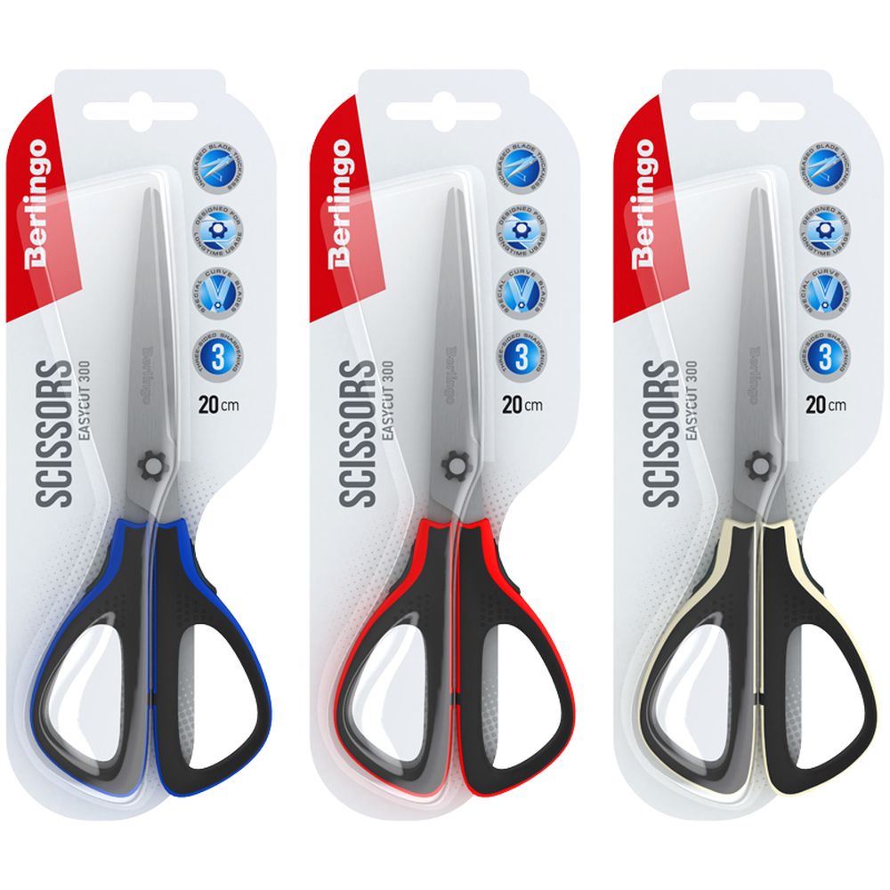 Ножницы Berlingo "Easycut 300", 20см, ассорти, мягкие вставки, европодвес