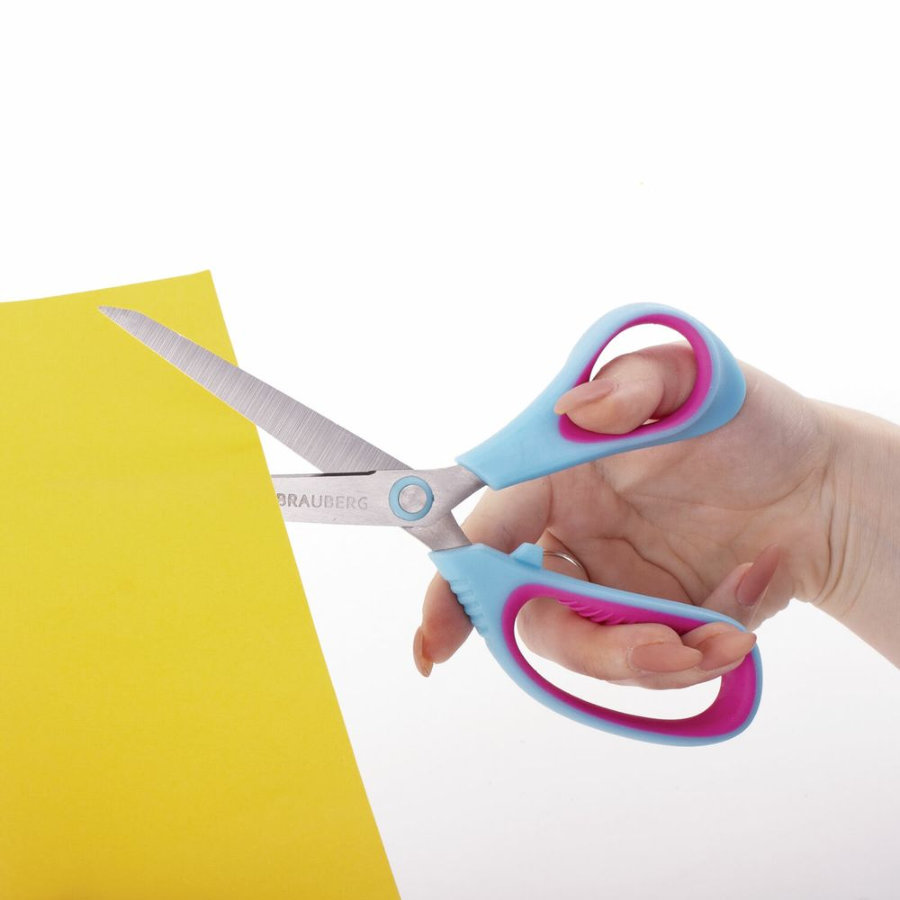 Ножницы BRAUBERG "Universal", 190 мм бирюзово-фиолетовые, ассиметричные, ребристые резиновые вставки