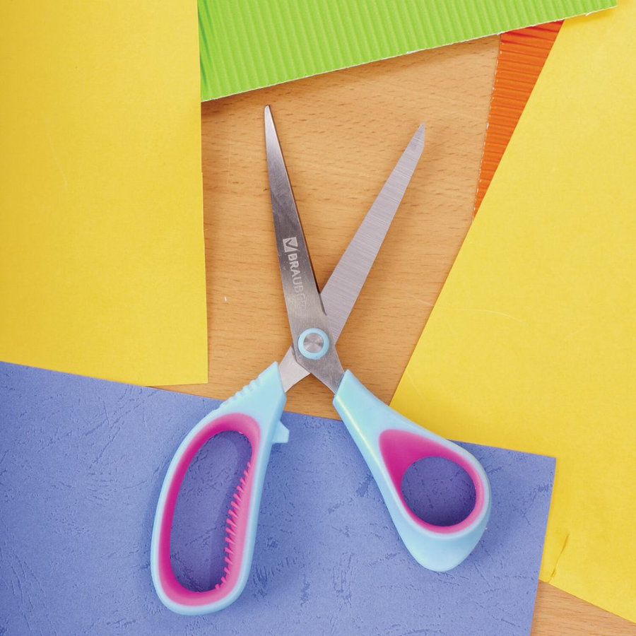 Ножницы BRAUBERG "Universal", 190 мм бирюзово-фиолетовые, ассиметричные, ребристые резиновые вставки