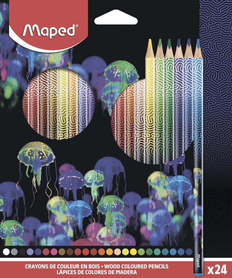 Цветные карандаши декорированные, MAPED DEEPSEA PARADISE, деревянные, треугольные, 24 цвета, в картонной коробке с подвесом