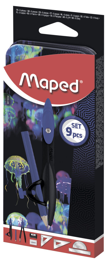 Математический набор декорированный, MAPED DEEPSEA PARADISE, 9 предметов с циркулем с универсальным держателем, в металлической коробке
