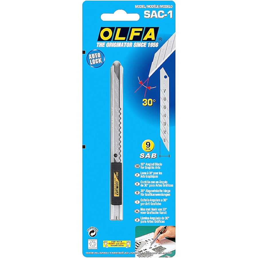 Нож канцелярский Olfa OL-SAC-1 для графических работ с корпусом из нержавеющей стали (ширина лезвия 9 мм)