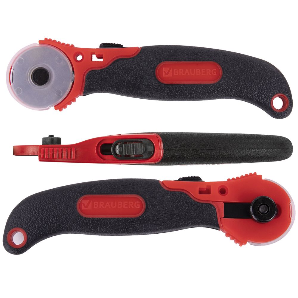 Нож раскройный роликовый 28 мм BRAUBERG, круглое лезвие, резиновые вставки