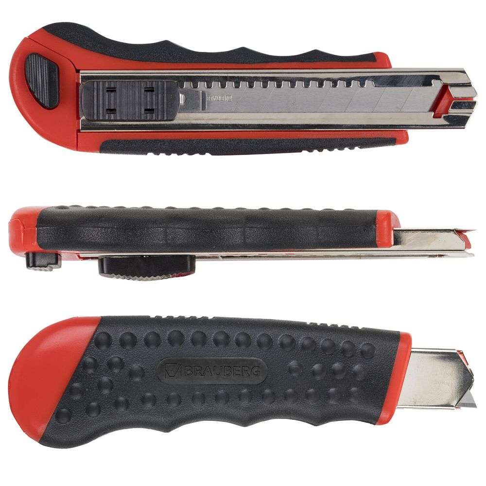 Нож канцелярский 18 мм BRAUBERG "Universal" с АВТОЗАМЕНОЙ ЛЕЗВИЙ, 6 лезвий в комплекте, автофиксатор