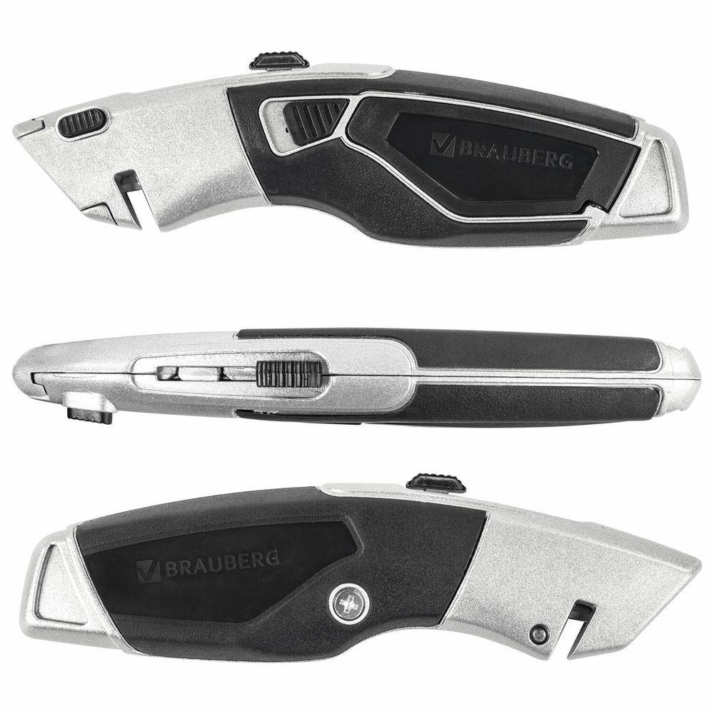 Нож универсальный мощный BRAUBERG "Professional", 4 лезвия в комплекте, автофиксатор, металл