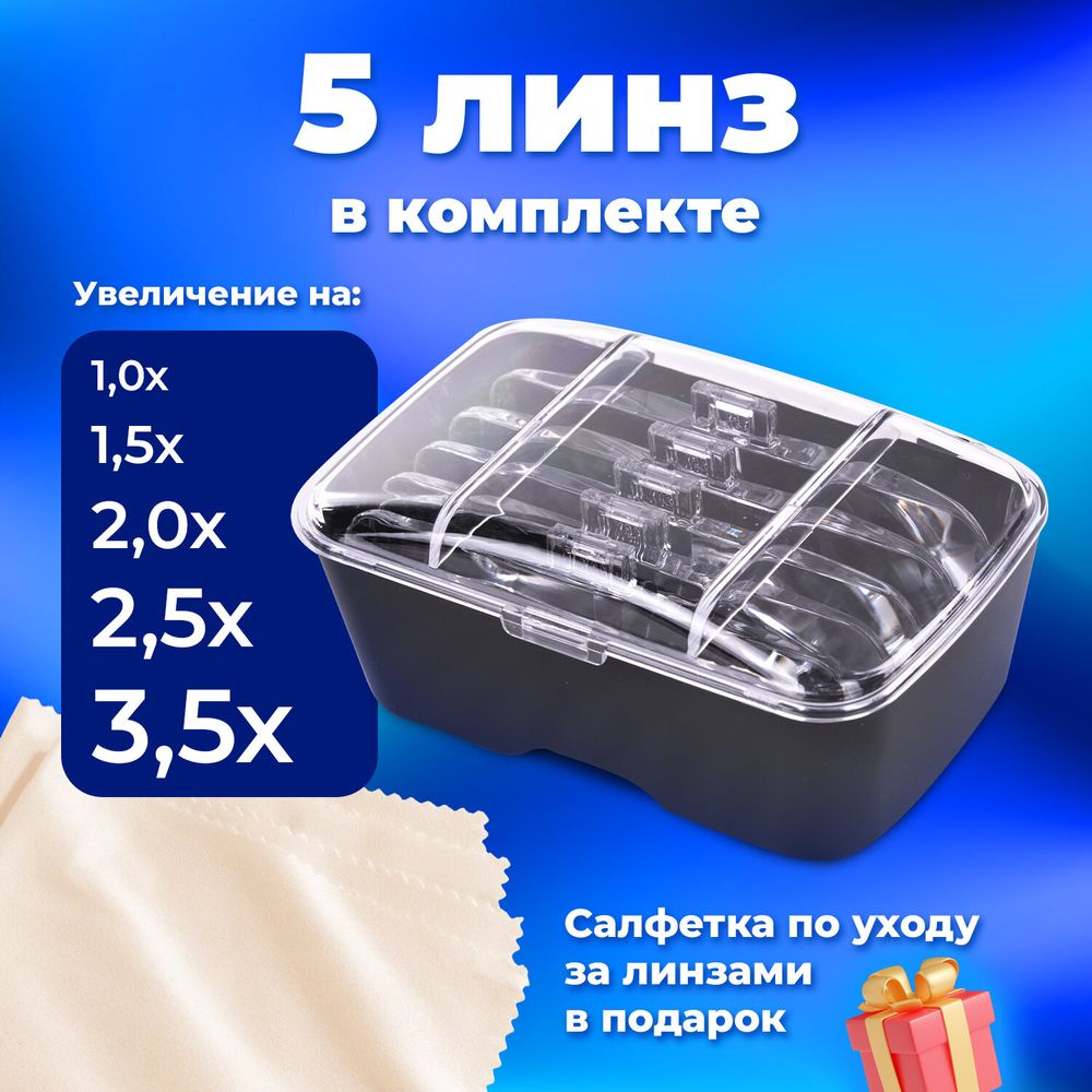 Лупа налобная с LED-ПОДСВЕТКОЙ, 5 сменных линз 95х33 мм, увеличение 1,0 - 3,5, BRAUBERG