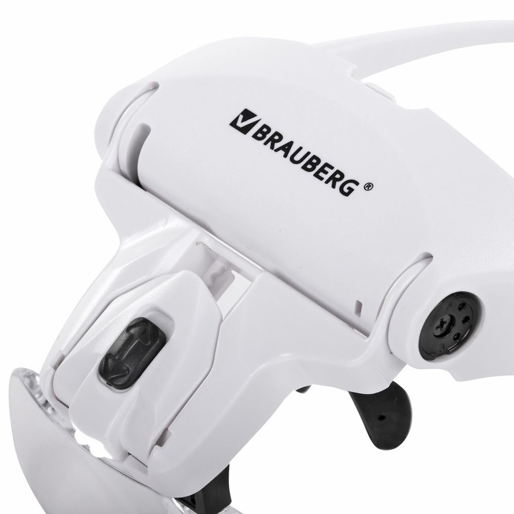 Лупа налобная с LED-ПОДСВЕТКОЙ, 5 сменных линз 95х33 мм, увеличение 1,0 - 3,5, BRAUBERG