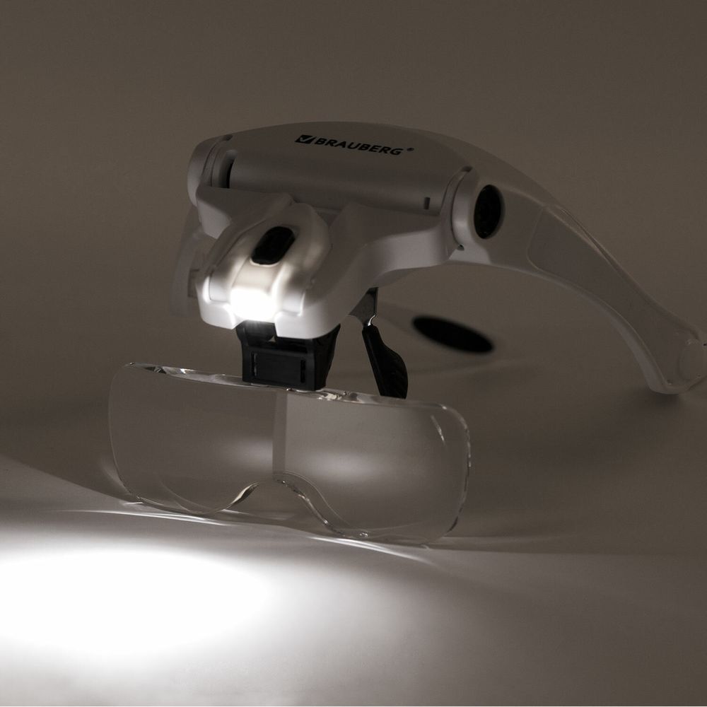 Лупа налобная с LED-ПОДСВЕТКОЙ, 5 сменных линз 95х33 мм, увеличение 1,0 - 3,5, BRAUBERG