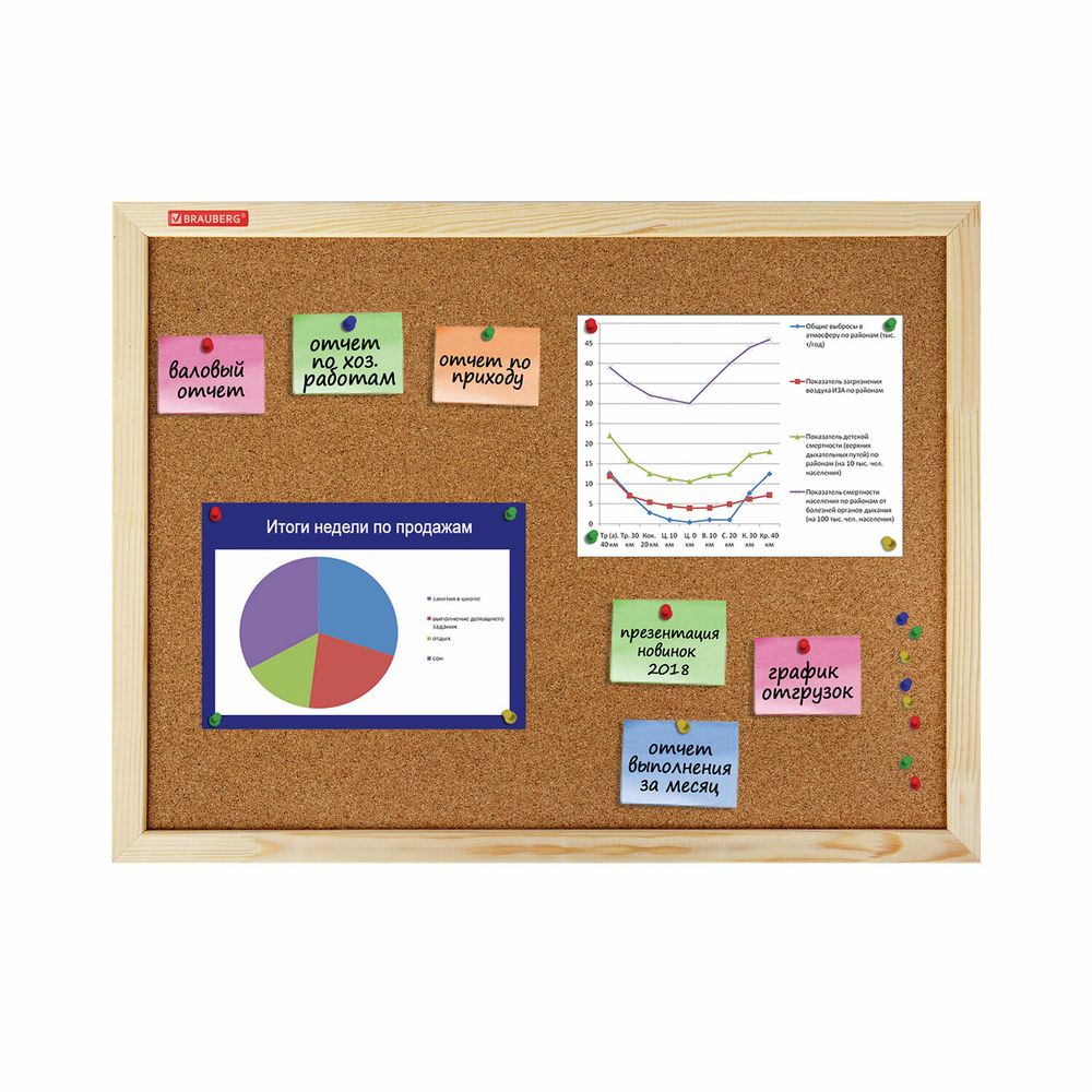 Доска пробковая для объявлений 45х60 см, деревянная рамка, BRAUBERG Wood