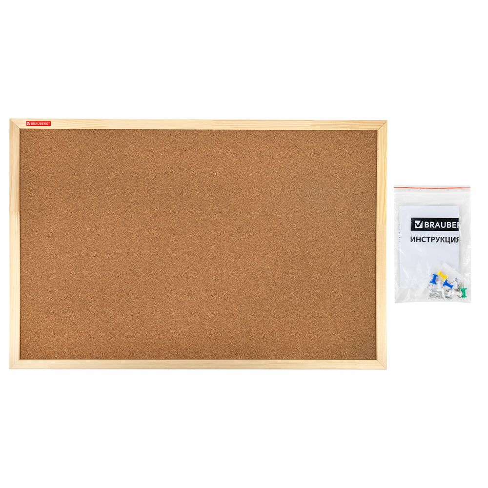 Доска пробковая для объявлений 60х90 см, деревянная рамка, BRAUBERG Wood