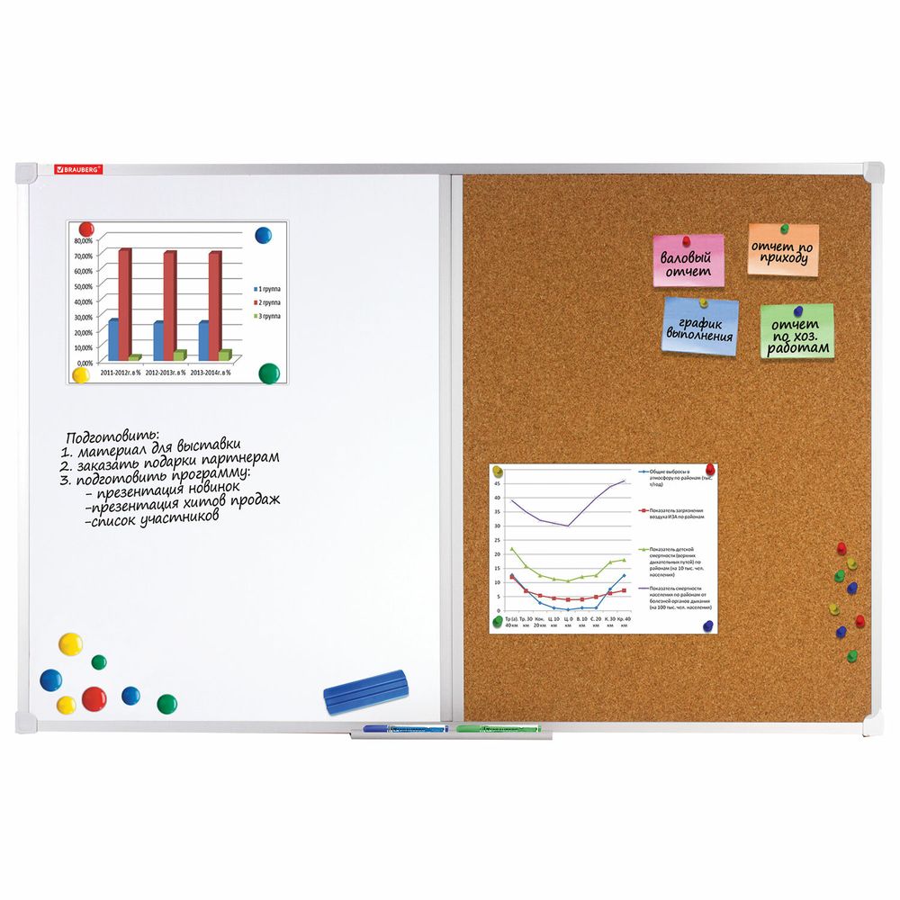 Доска комбинированная: магнитно-маркерная, пробковая для объявлений, 60х90 см, РОССИЯ, BRAUBERG