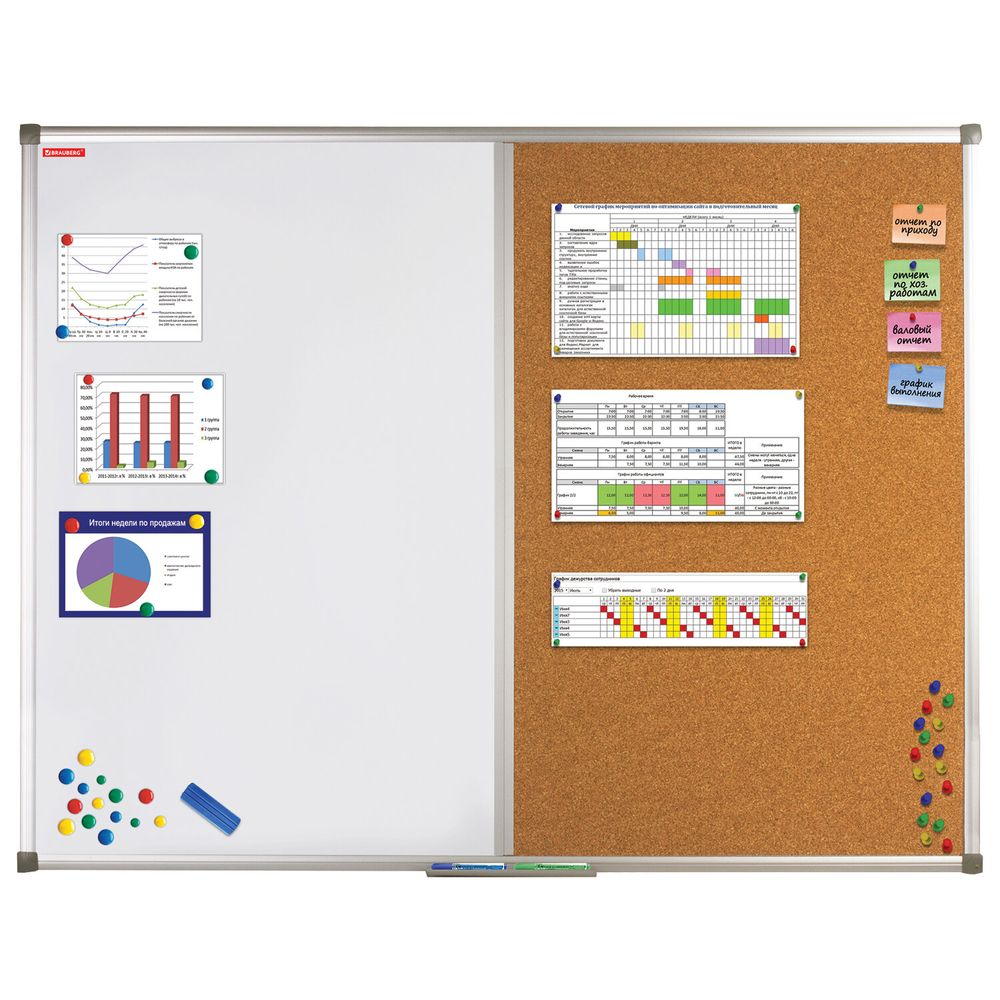 Доска комбинированная: магнитно-маркерная, пробковая для объявлений, 90х120 см, РОССИЯ, BRAUBERG