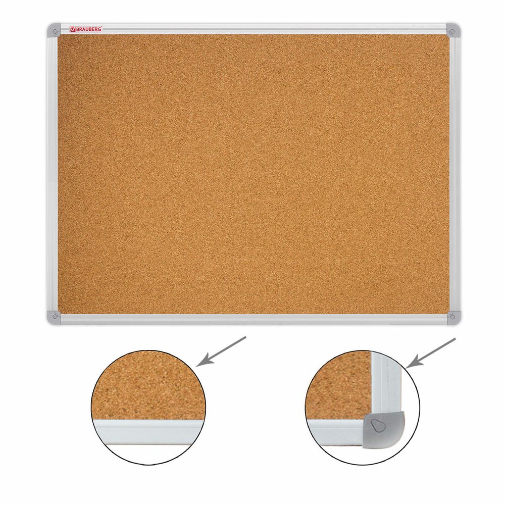 Доска пробковая для объявлений 100х150 см, алюминиевая рамка, ГАРАНТИЯ 10 ЛЕТ, РОССИЯ, BRAUBERG