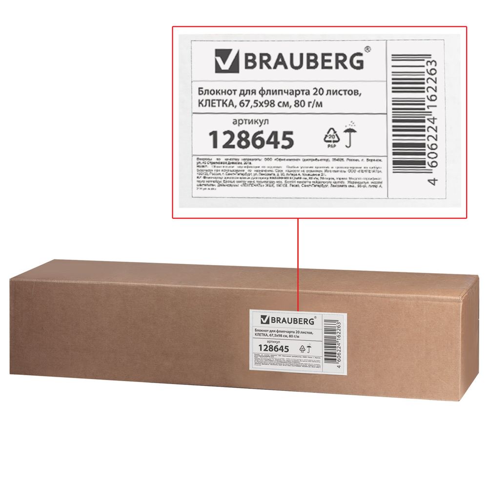 Блокнот для флипчарта ПЛОТНЫЙ 80 г/м2, BRAUBERG, 20 листов, КЛЕТКА, 67,5х98 см