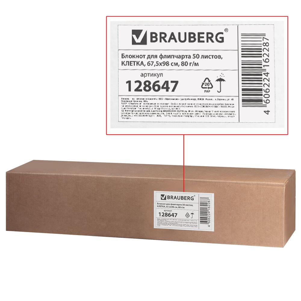 Блокнот для флипчарта ПЛОТНЫЙ 80 г/м2, BRAUBERG, 50 листов, КЛЕТКА, 67,5х98 см