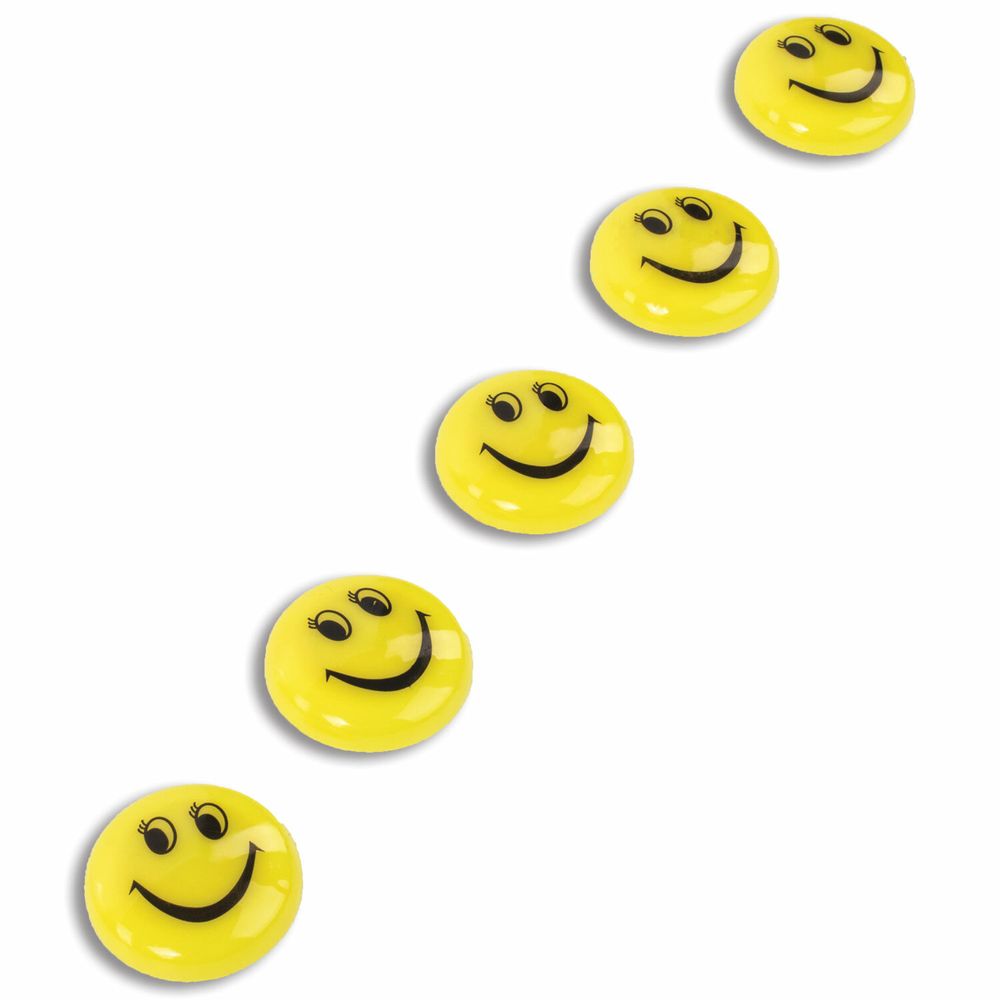 Магниты СРЕДНЕГО ДИАМЕТРА, 30 мм, НАБОР 5 штук, с рисунком СМАЙЛИК, жёлтые, в блистере, STAFF 