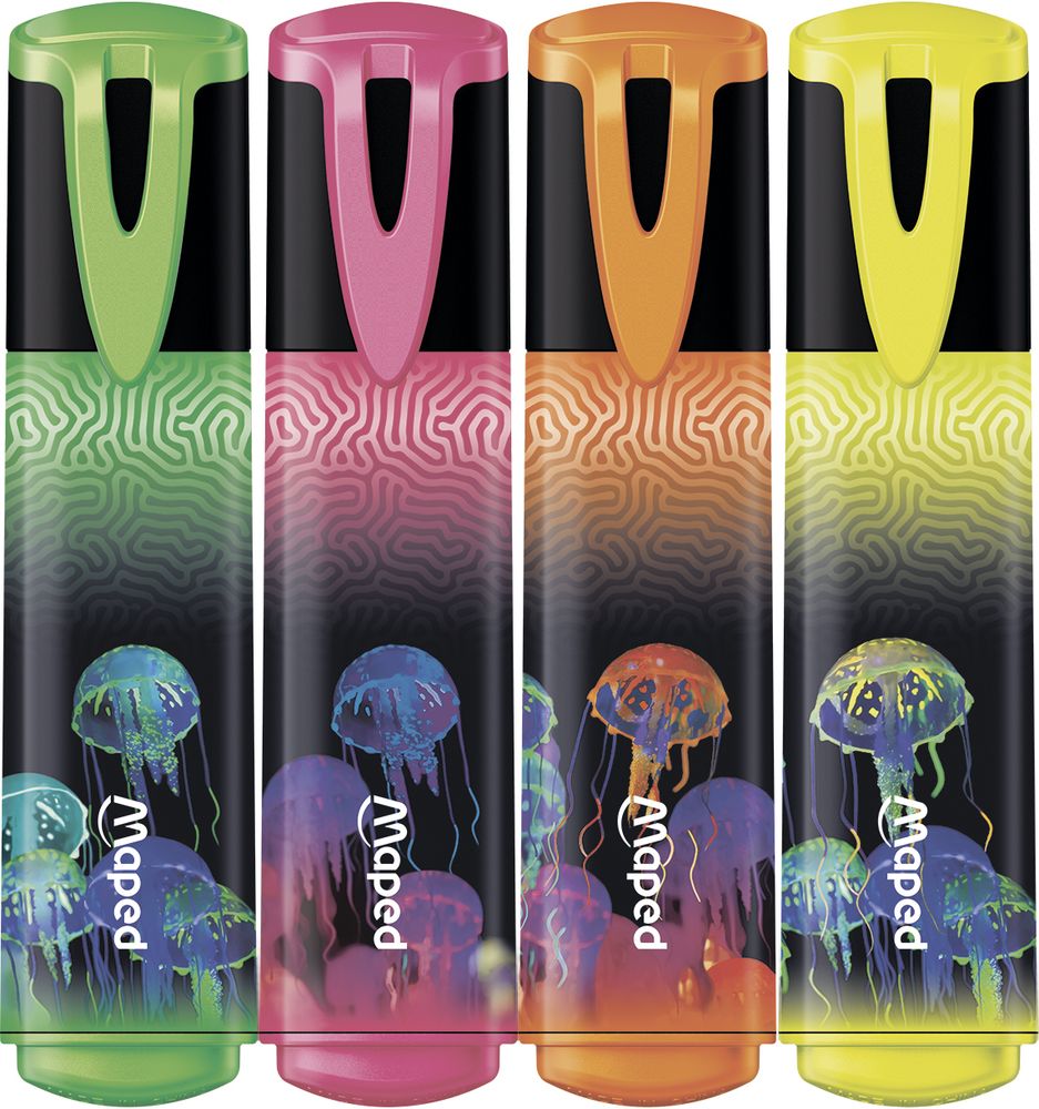 Текстовыделитель декорированный, MAPED DEEPSEA PARADISE, пишущий узел 1-5мм, цвета ассорти, 4 штуки, в упаковке с подвесом