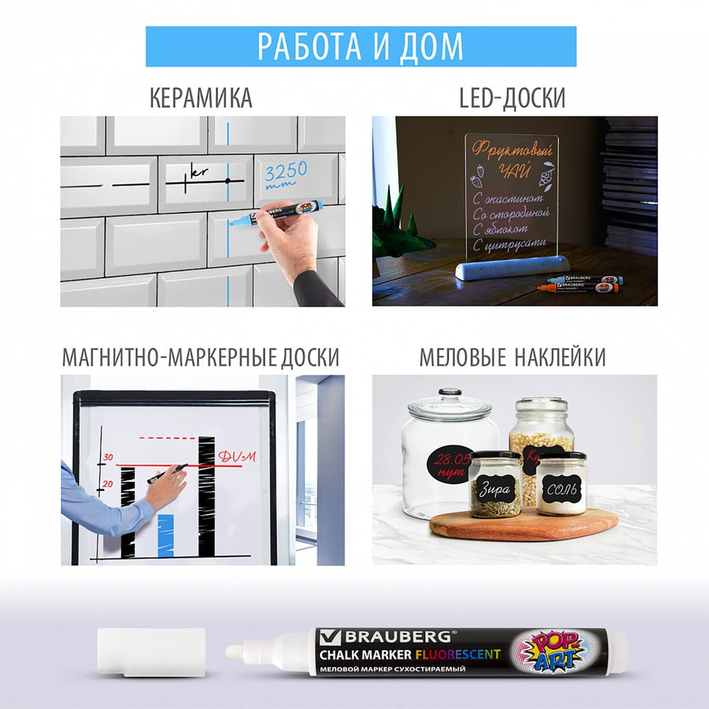 Маркер меловой "POP-ART" ЖЕЛТЫЙ, 15 мм, стираемый, для гладких поверхностей, BRAUBERG