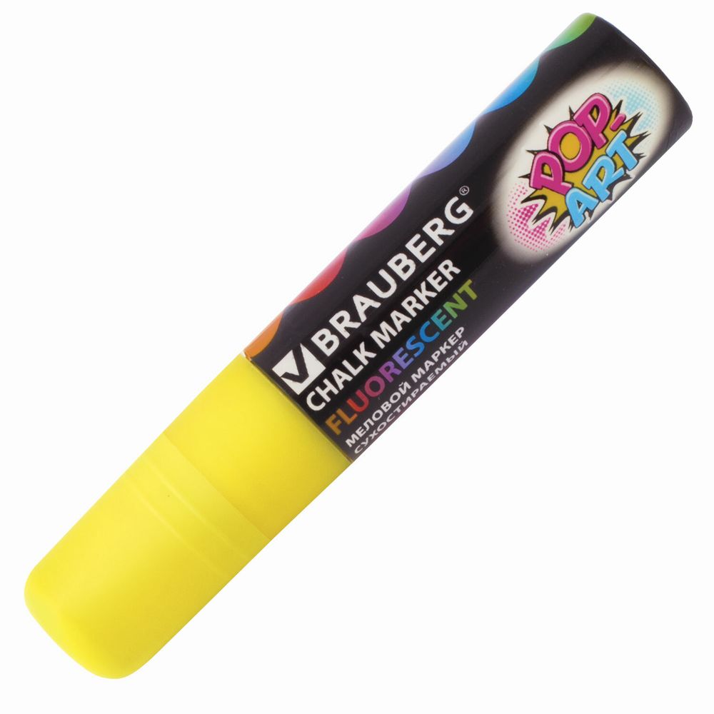Маркер меловой "POP-ART" ЖЕЛТЫЙ, 15 мм, стираемый, для гладких поверхностей, BRAUBERG