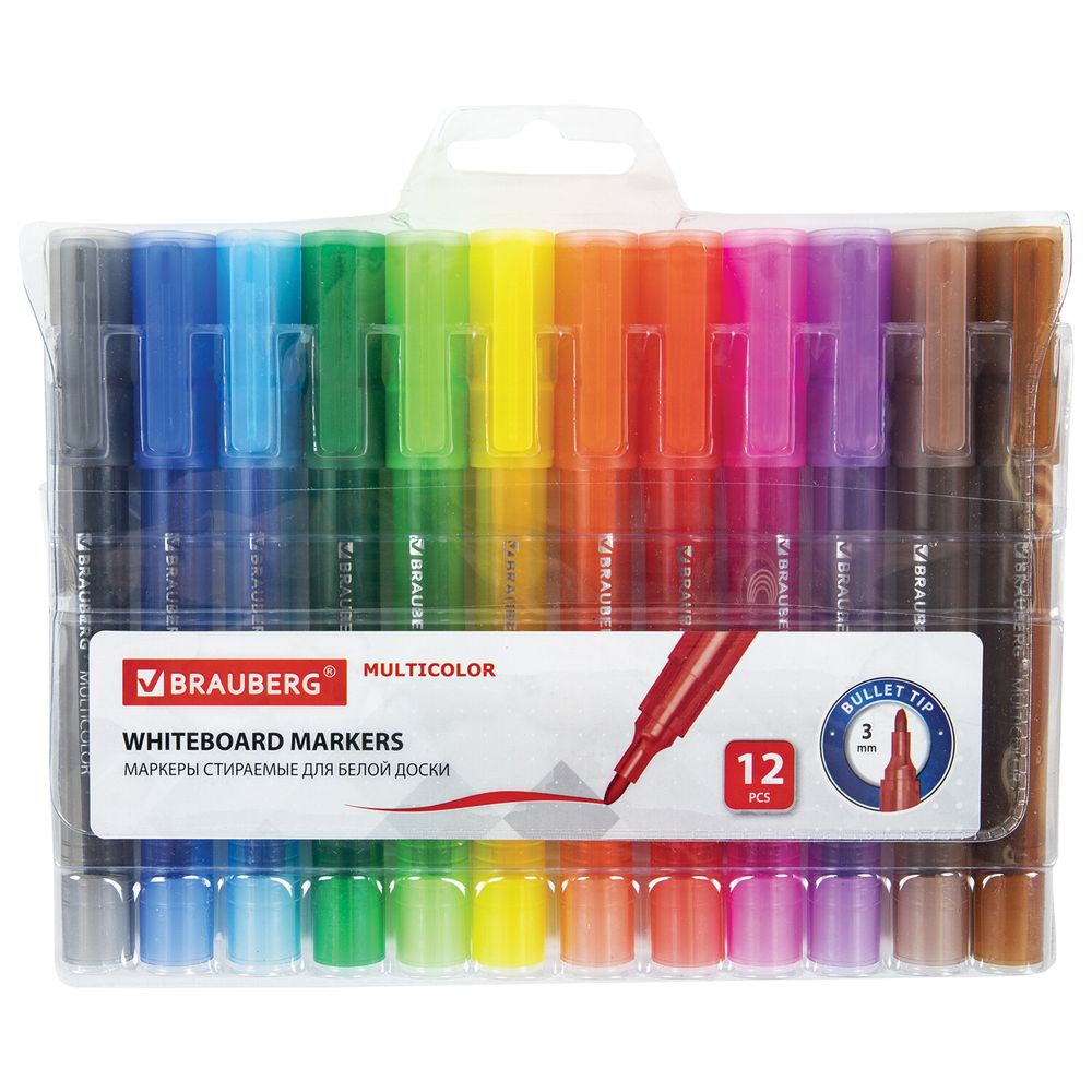 Маркеры стираемые для белой доски НАБОР 12 ЦВЕТОВ, BRAUBERG "MULTICOLOR", 3 мм