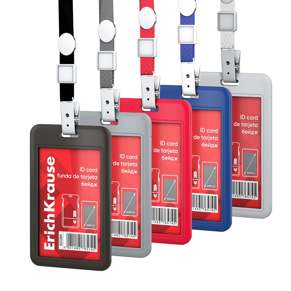 Бейдж вертикальный в комплекте с лентой  ErichKrause слайдер, твердый пластик ABC , размер вставки 54х85 мм, ассорти, в пакете