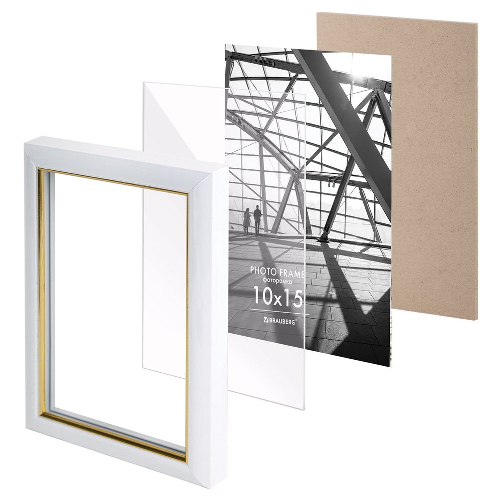 Рамка 10х15 см небьющаяся, багет 14,6 мм, пластик, BRAUBERG "Original Line", белая/золото