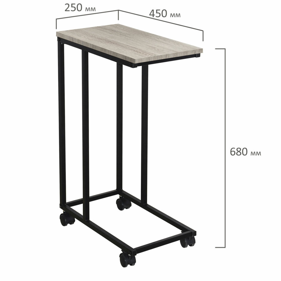 Стол журнальный BRABIX "LOFT CT-001", 450х250х680 мм, на колёсах, металлический каркас, цвет дуб антик
