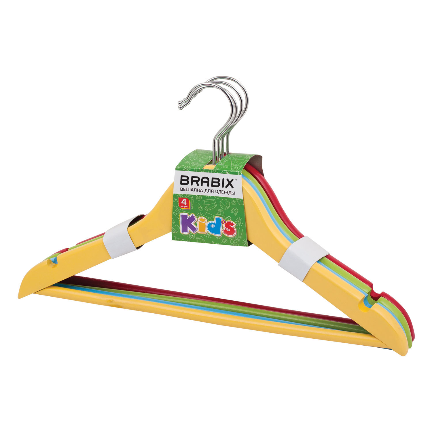 Вешалки-плечики Brabix, детские, комплект 4 шт., дерево, 36 см, цвет ассорти (красный, желтый, синий, зеленый)