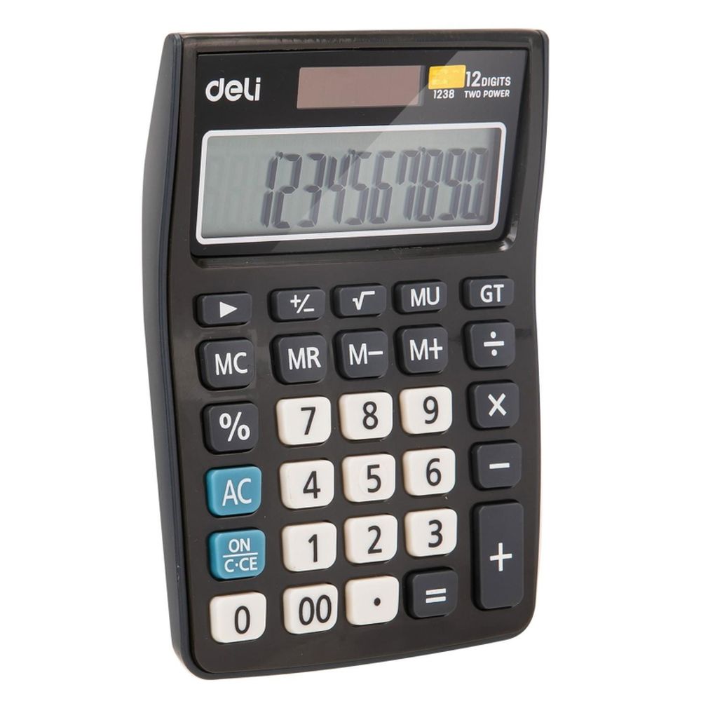 Калькулятор настольный компактный Deli E1238, 12-р, дв.пит., 145х105мм, серый
