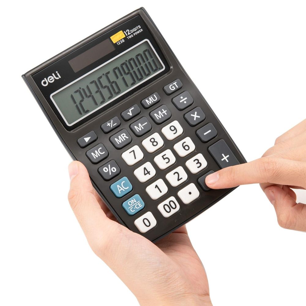 Калькулятор настольный компактный Deli E1238, 12-р, дв.пит., 145х105мм, серый