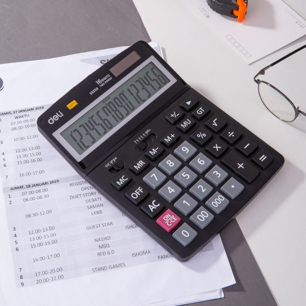 Калькулятор настольный полноразмерный Deli E39259,16-р, дв.пит,193x149мм,черн